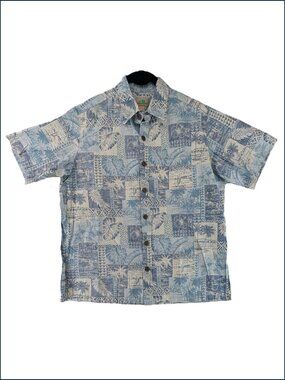 VTG Paradise Bay Hawaiian Camp Shirt Mens Sz M Cabana Blue Patchwork Hawaii USA